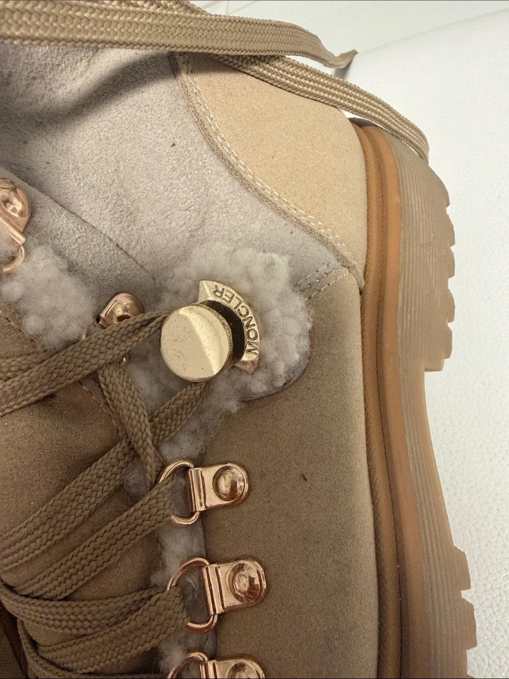 Moncler Beige Suede Shearling Lace-Up Winter Boots 38
